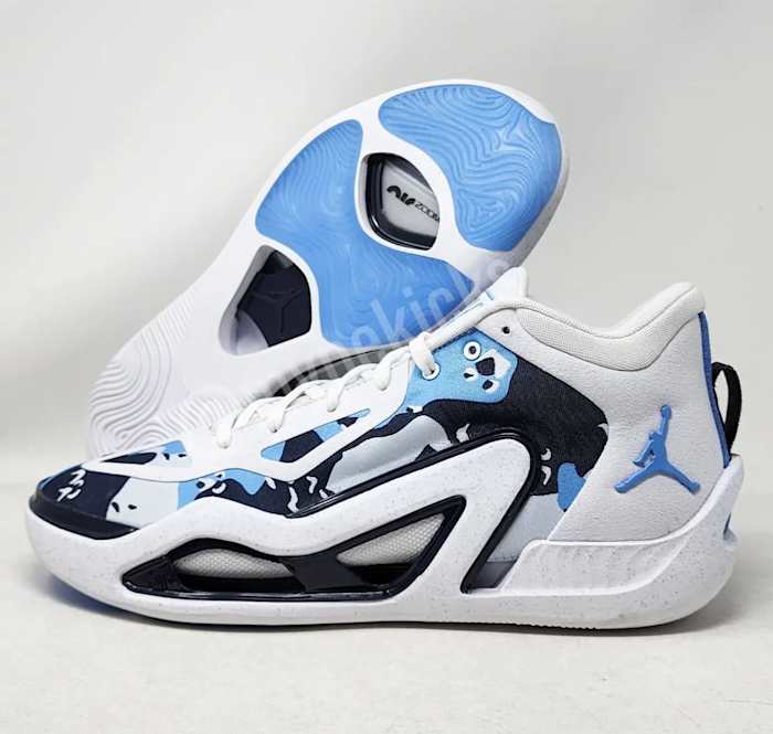 Side view of Jayson Tatum's blue and white Jordan Brand sneakers.